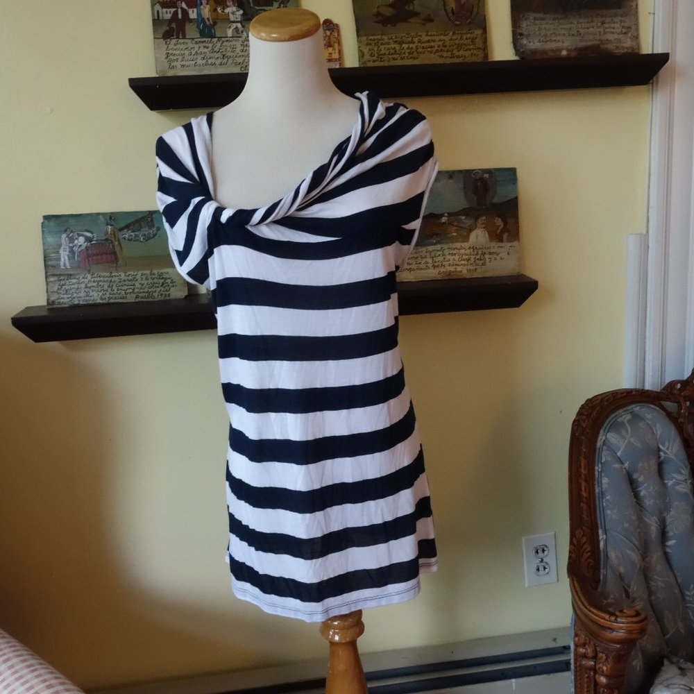Deletta Sailor Stripe Navy & White Nautical Twist Top from Anthropologie Size L
